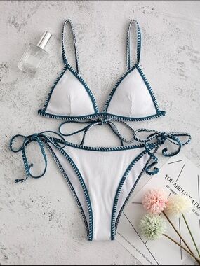 Zable White Bikini with Teal Edge Stitching